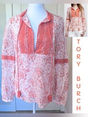 Tory Burch Gracelyn Floral Lace-Trim Peasant Blouse Tassels Boho Cotton Sz 4